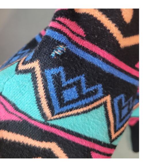 Empyre Mens 80s Retro Black Aztec Print Sweater L Orange Pink Teal Red Holes - Picture 9 of 10